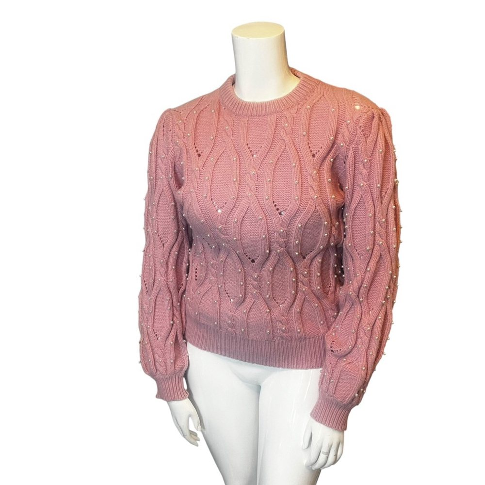 Women's Alice Blue Romantic Pink Pearl Cable Knit Crew Soft Sweater Size L
